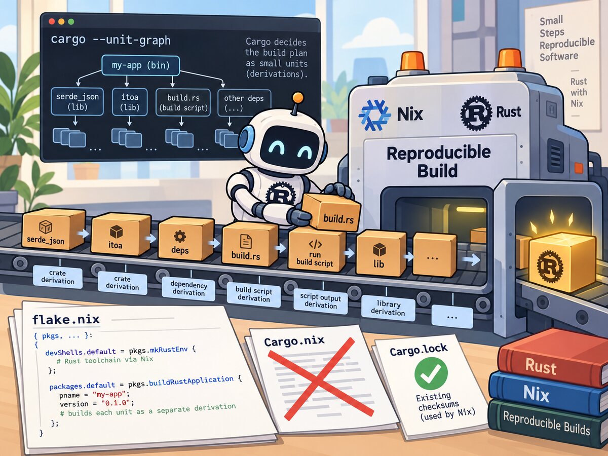 A robot loads boxes labelled serde_json, itoa, deps, build.rs, run build script and lib onto a conveyor belt that runs into a machine labelled Reproducible Build, with the Nix and Rust logos on it. Behind it a terminal shows a tree from cargo &ndash;unit-graph. On the desk lie a flake.nix, a Cargo.nix that is crossed out and a Cargo.lock with a green tick.