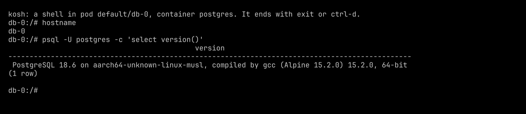 A terminal after kosh has handed it to a shell in the pod db-0. The first line says: kosh: a shell in pod default/db-0, container postgres. It ends with exit or ctrl-d. Below it the commands hostname and psql were run, and psql answered with PostgreSQL 18.6.